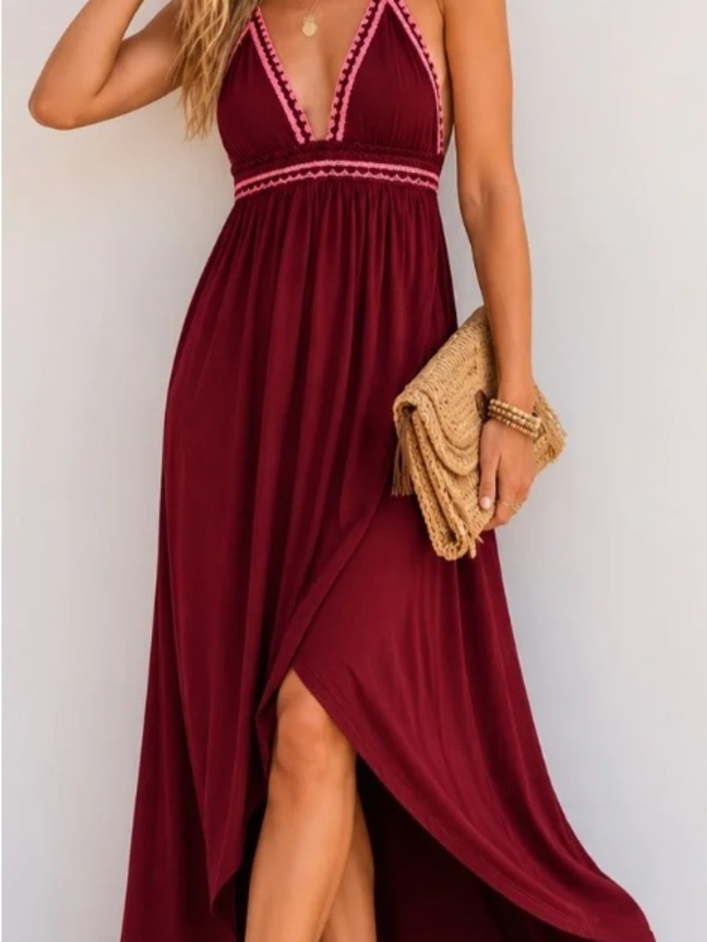 Express Burgundy Maxi Dress with Pink Trim